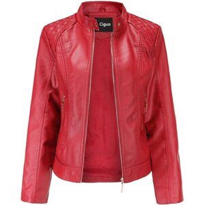 🆕 Women Red Trendy Faux Leather Jacket Moto Short Metal Zipper Fashion PU Coat